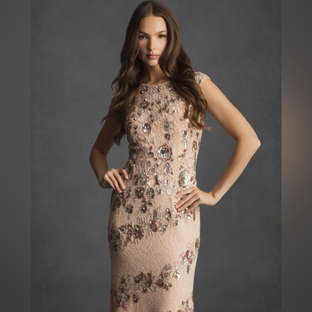 Mac Duggal Blush-Beige Embellished Floral Maxi Dress